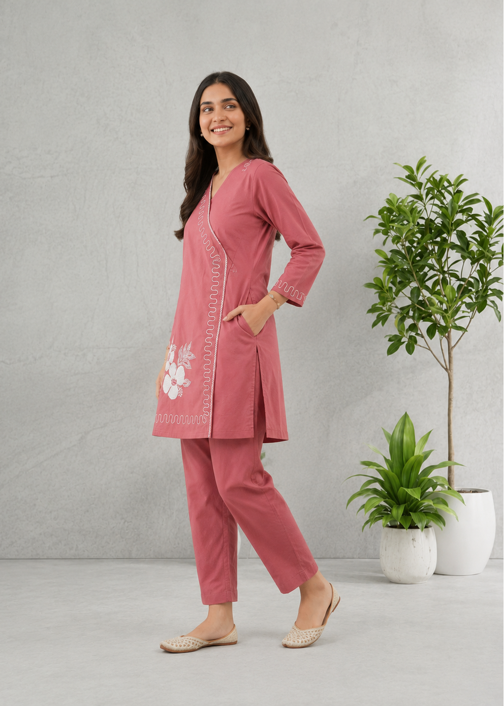 Dusty Rose Floral Embroidered Cotton Co-Ord Set
