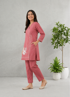 Dusty Rose Floral Embroidered Cotton Co-Ord Set