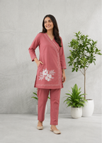 Dusty Rose Floral Embroidered Cotton Co-Ord Set