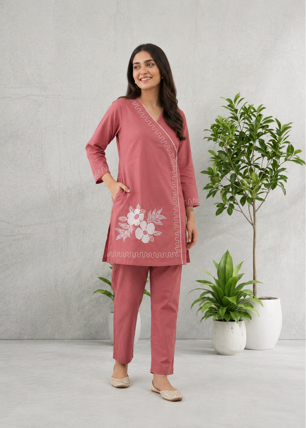 Dusty Rose Floral Embroidered Cotton Co-Ord Set