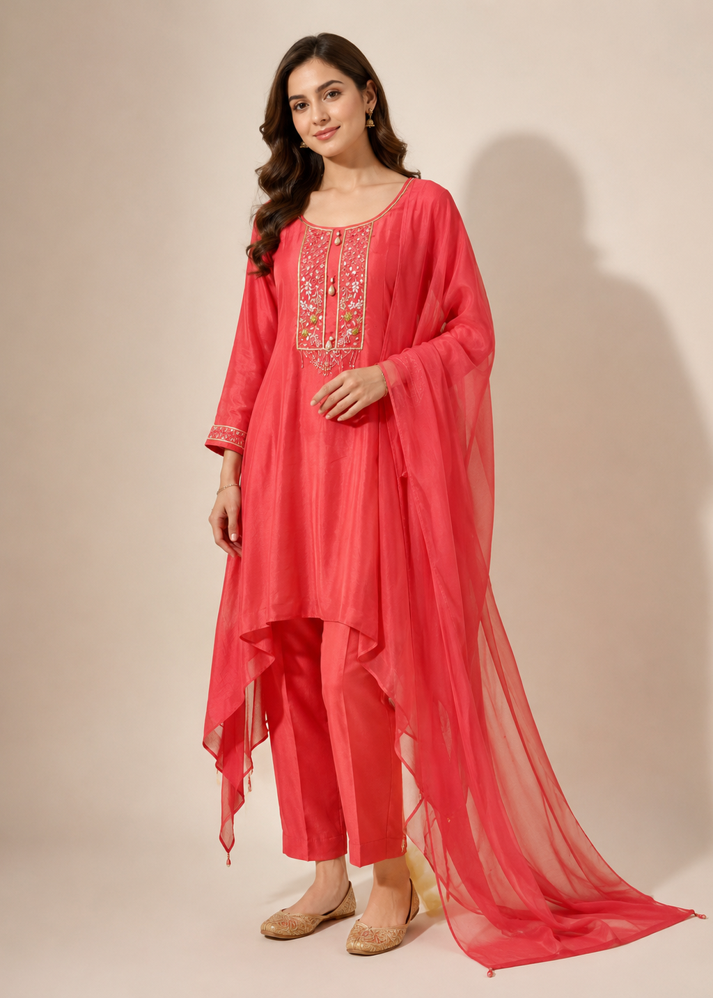 A woman models a bright coral-red Indian ethnic suit set featuring a kurta with gold embroidery, matching trousers, and a sheer dupatta, set against a plain beige studio background.