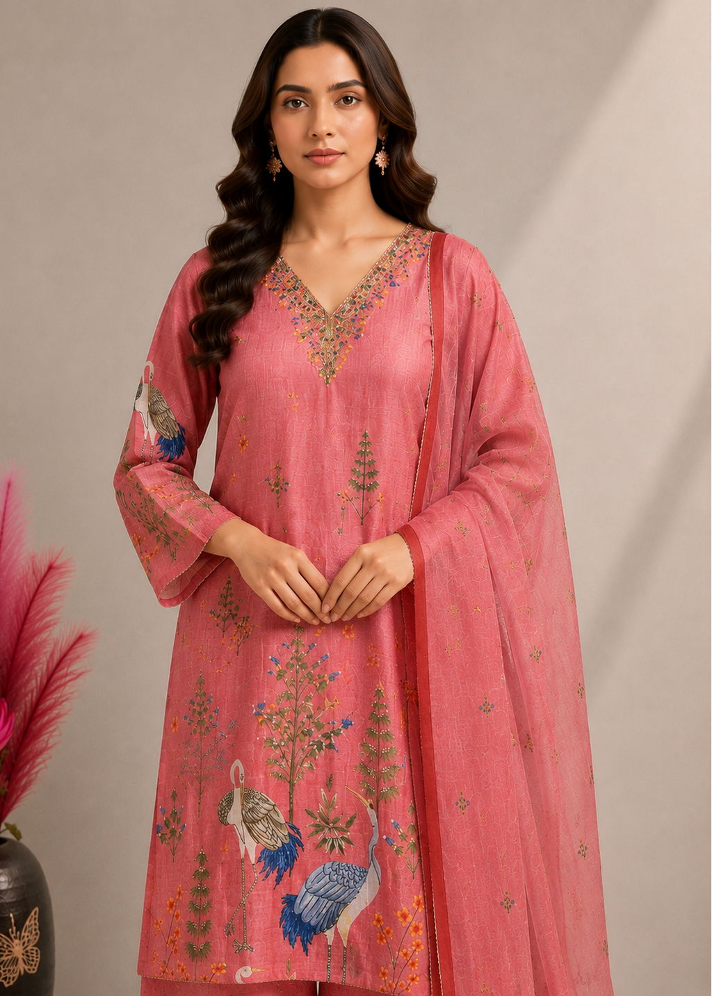 Blush Pink Heritage Printed Cotton Kurta Pant Set with Cotton Dupatta