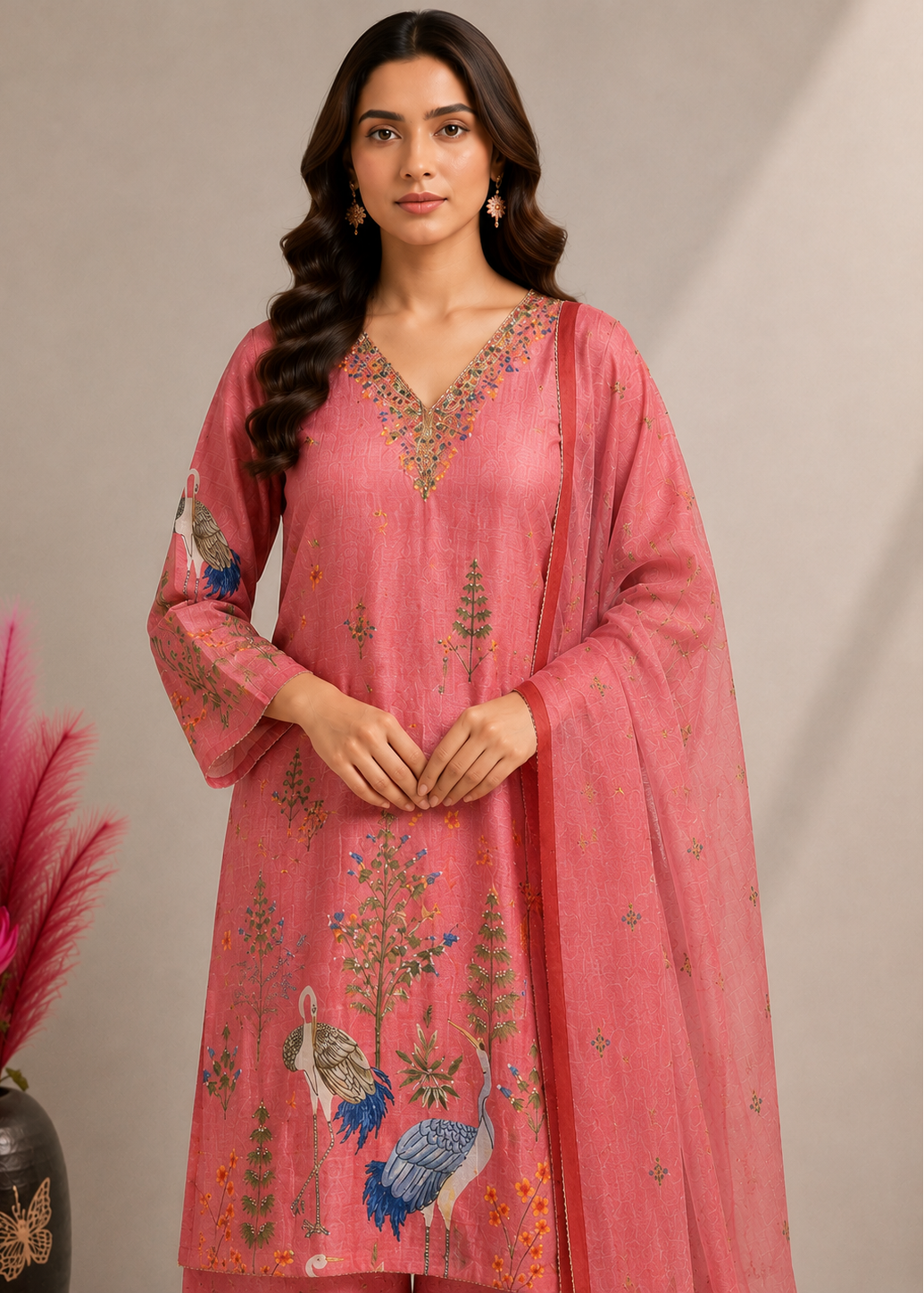Blush Pink Heritage Printed Cotton Kurta Pant Set with Cotton Dupatta