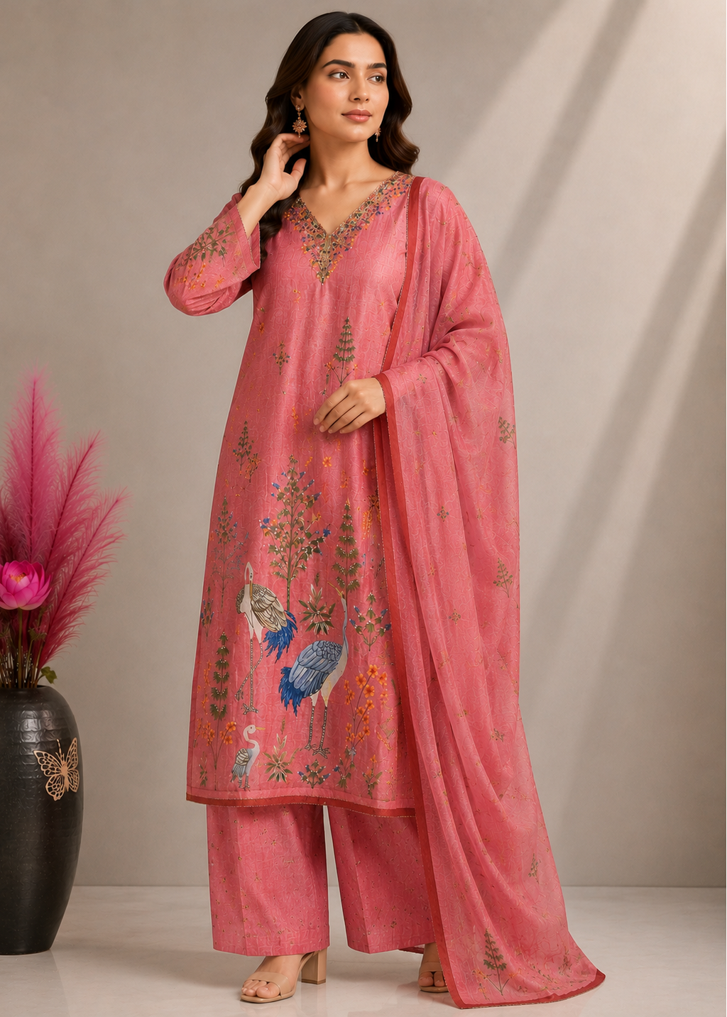 Blush Pink Heritage Printed Cotton Kurta Pant Set with Cotton Dupatta