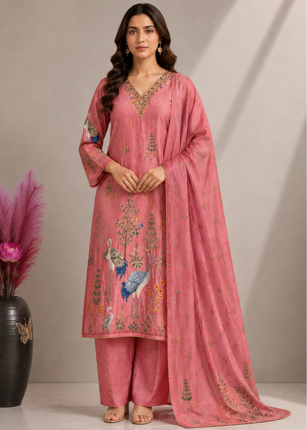 Blush Pink Heritage Printed Cotton Kurta Pant Set with Cotton Dupatta