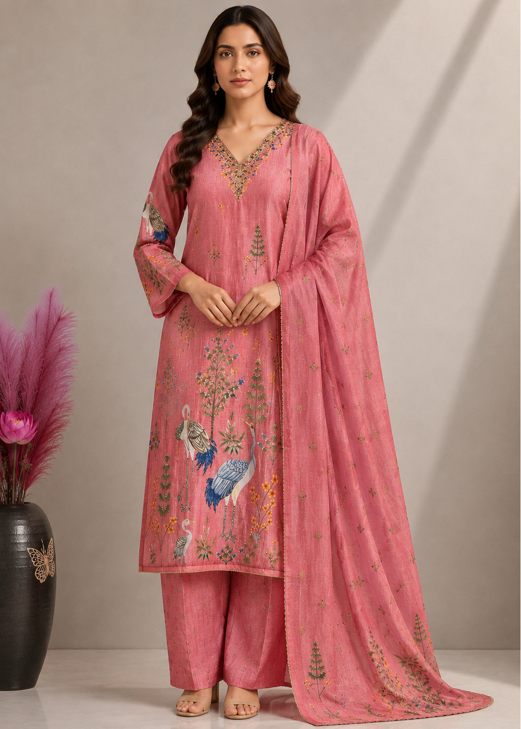 Blush Pink Heritage Printed Cotton Kurta Pant Set with Cotton Dupatta