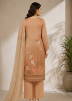 Beige Floral Printed Kurta Pant Set with Embroidered Organza Dupatta