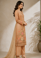 Beige Floral Printed Kurta Pant Set with Embroidered Organza Dupatta