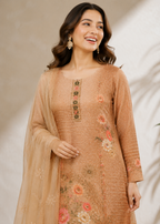 Beige Floral Printed Kurta Pant Set with Embroidered Organza Dupatta
