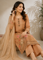 Beige Floral Printed Kurta Pant Set with Embroidered Organza Dupatta