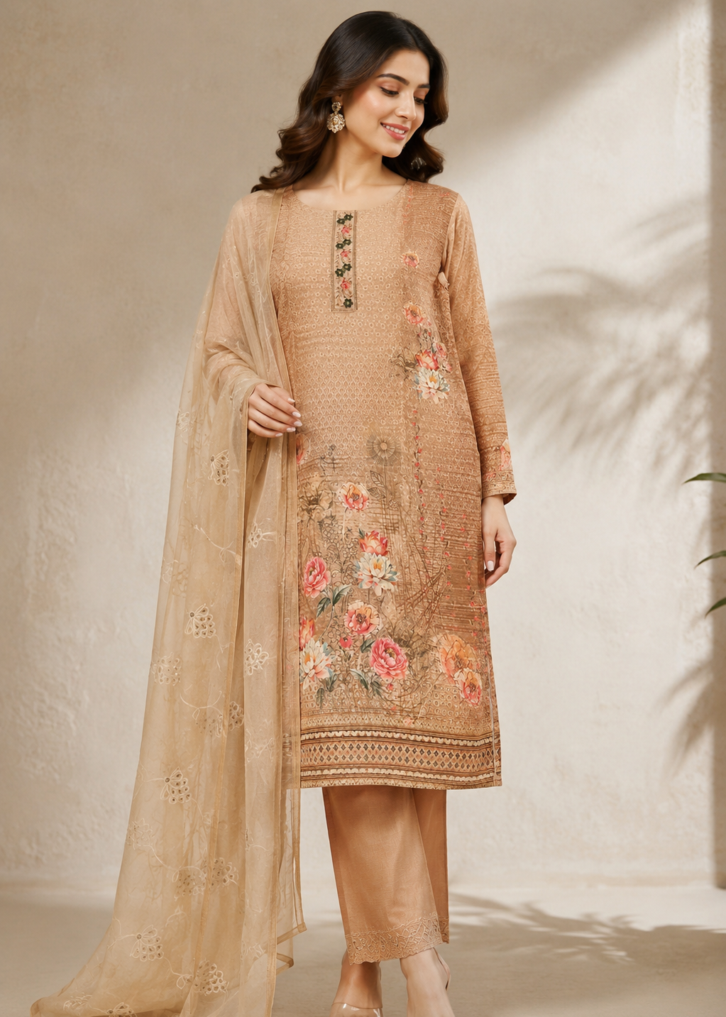 Beige Floral Printed Kurta Pant Set with Embroidered Organza Dupatta
