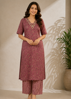 Mauve Floral Printed Straight Kurta Pant Set for Women