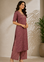 Mauve Floral Printed Straight Kurta Pant Set for Women