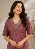 Mauve Floral Printed Straight Kurta Pant Set for Women