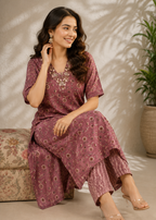 Mauve Floral Printed Straight Kurta Pant Set for Women