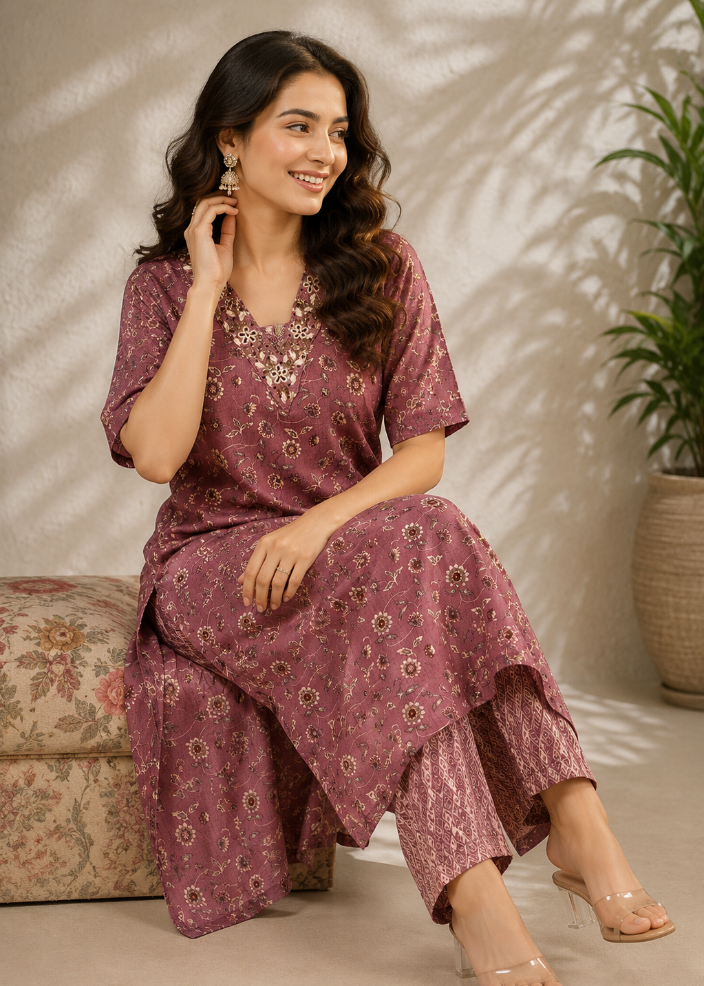 Mauve Floral Printed Straight Kurta Pant Set for Women