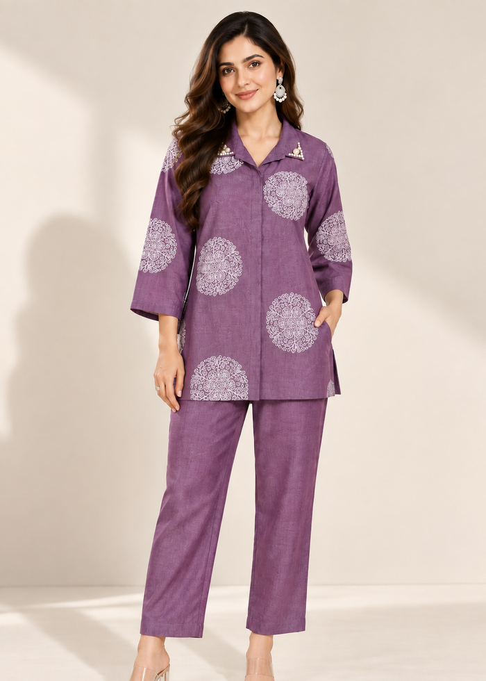 Purple Mal Chanderi Pearl Embellished Printed Co-ord Set