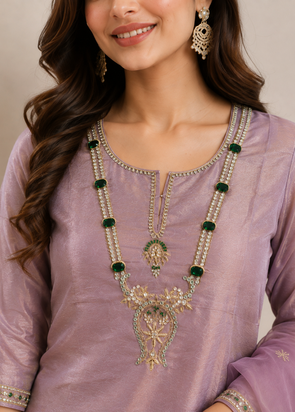 A woman wearing a lavender purple kurta with an ornate gold and green embroidered neckline necklace, paired with matching gold earrings.