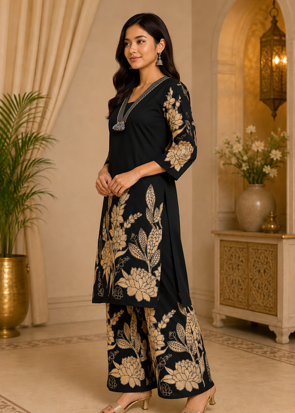 Elegant Black Floral Ethnic Kurta Set with Pants