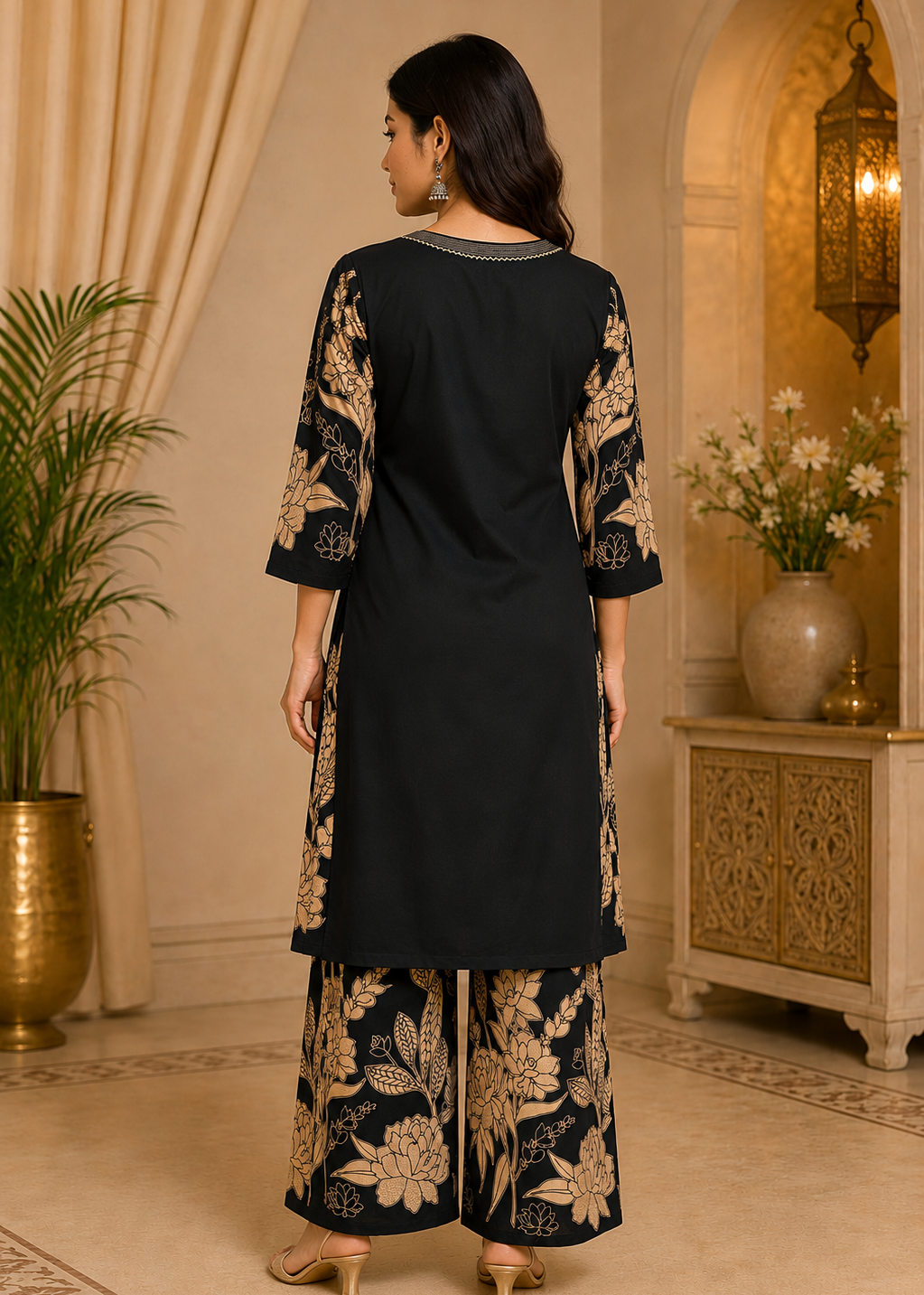 Elegant Black Floral Ethnic Kurta Set with Pants