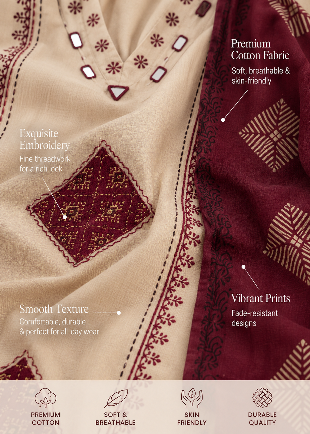 Cream Ethnic Printed Kurta Palazzo Set With Dupatta