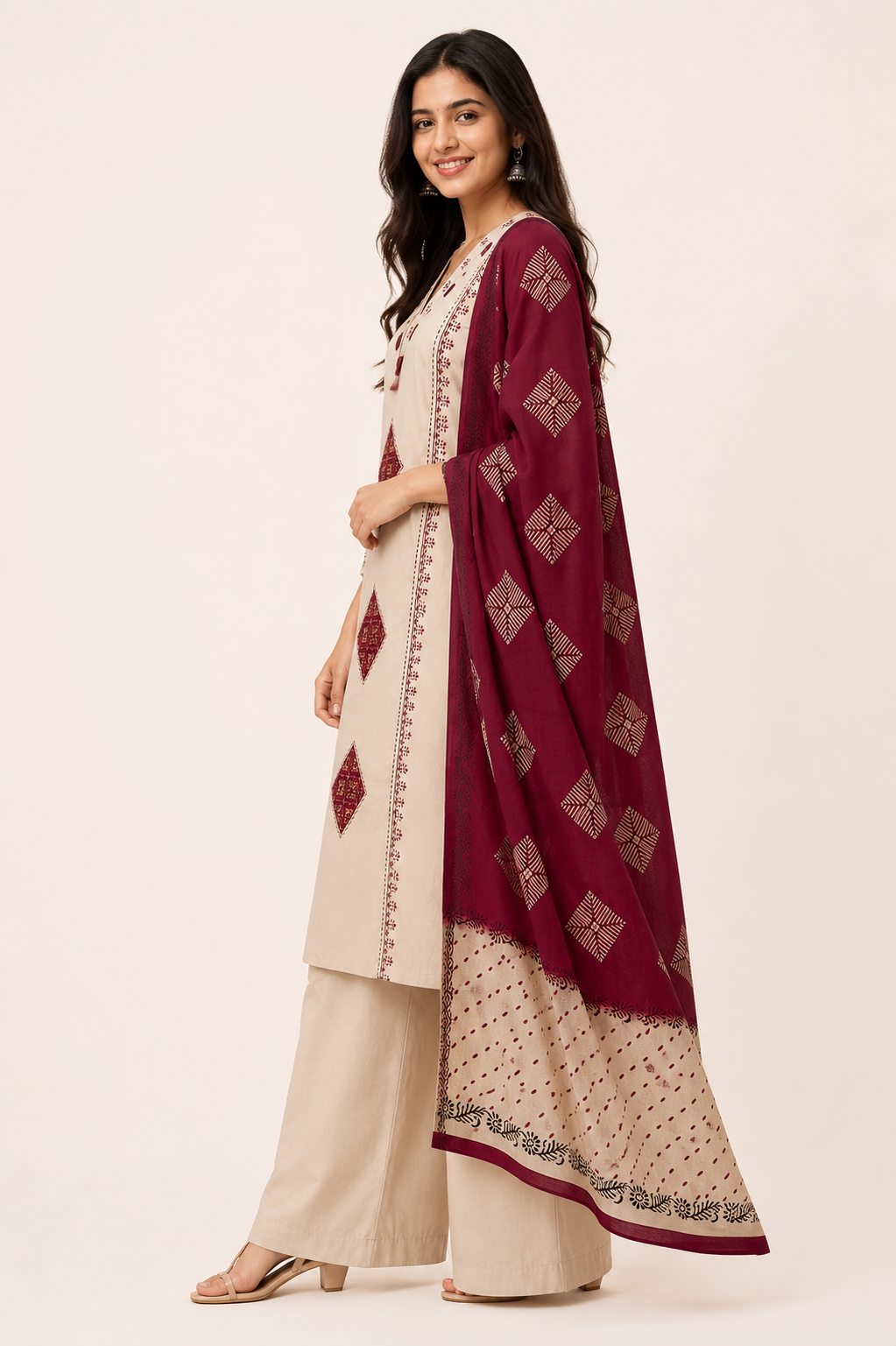 Cream Ethnic Printed Kurta Palazzo Set With Dupatta