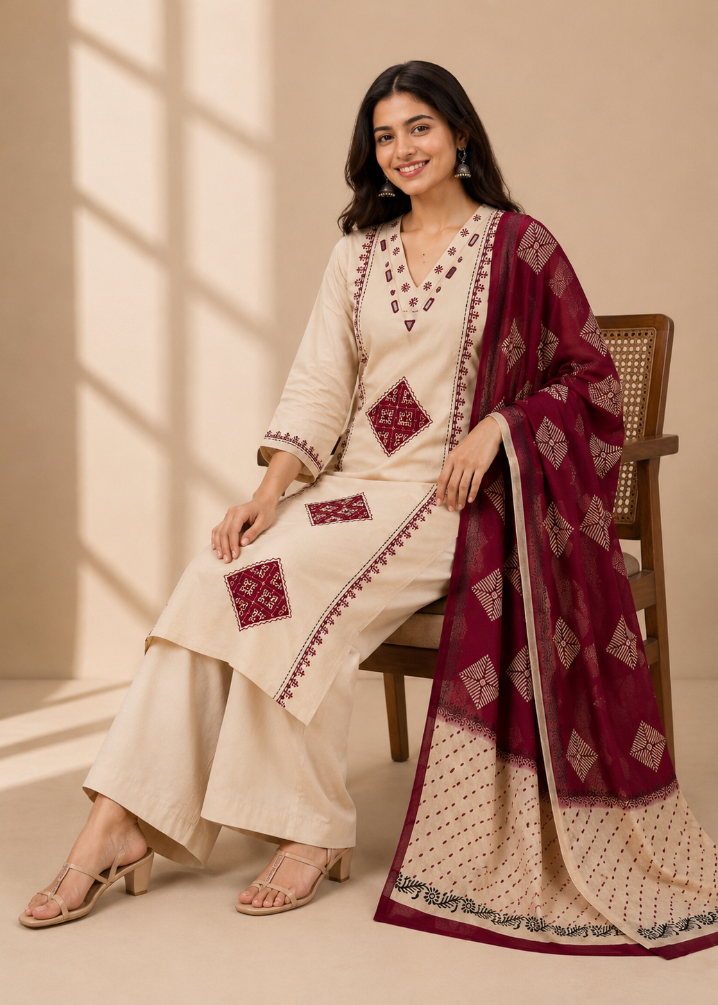 Cream Ethnic Printed Kurta Palazzo Set With Dupatta