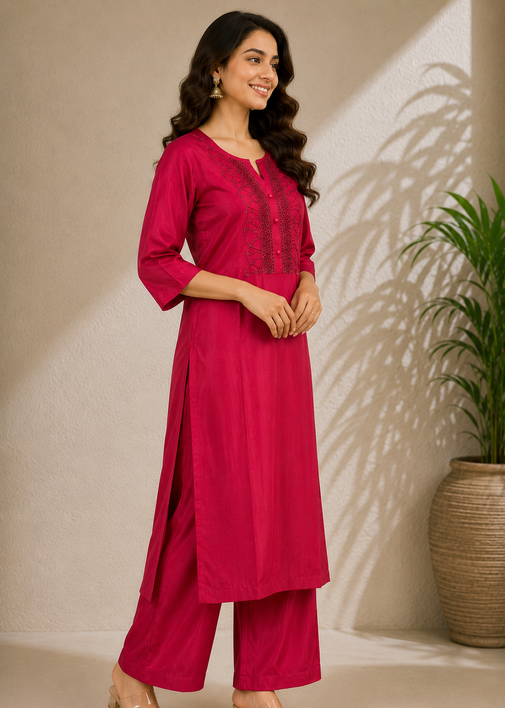 Magenta Embroidered Straight Kurta Pant Set for Women