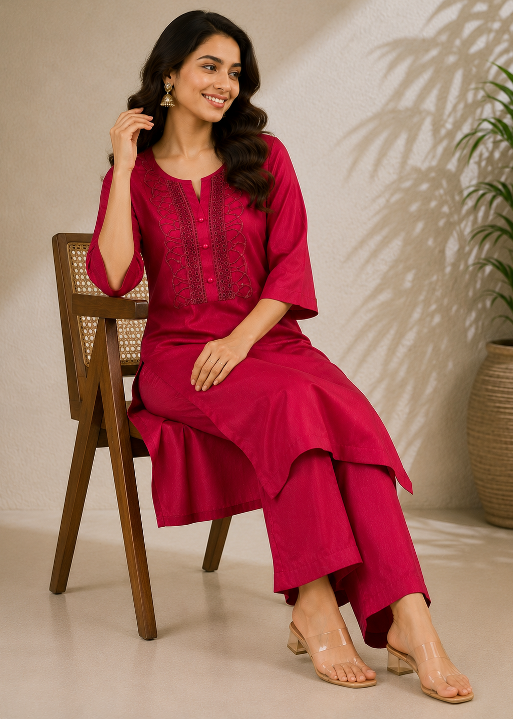 Magenta Embroidered Straight Kurta Pant Set for Women