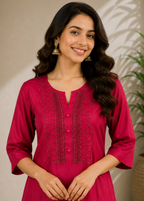Magenta Embroidered Straight Kurta Pant Set for Women