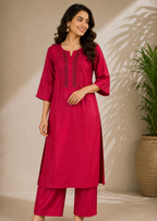 Magenta Embroidered Straight Kurta Pant Set for Women