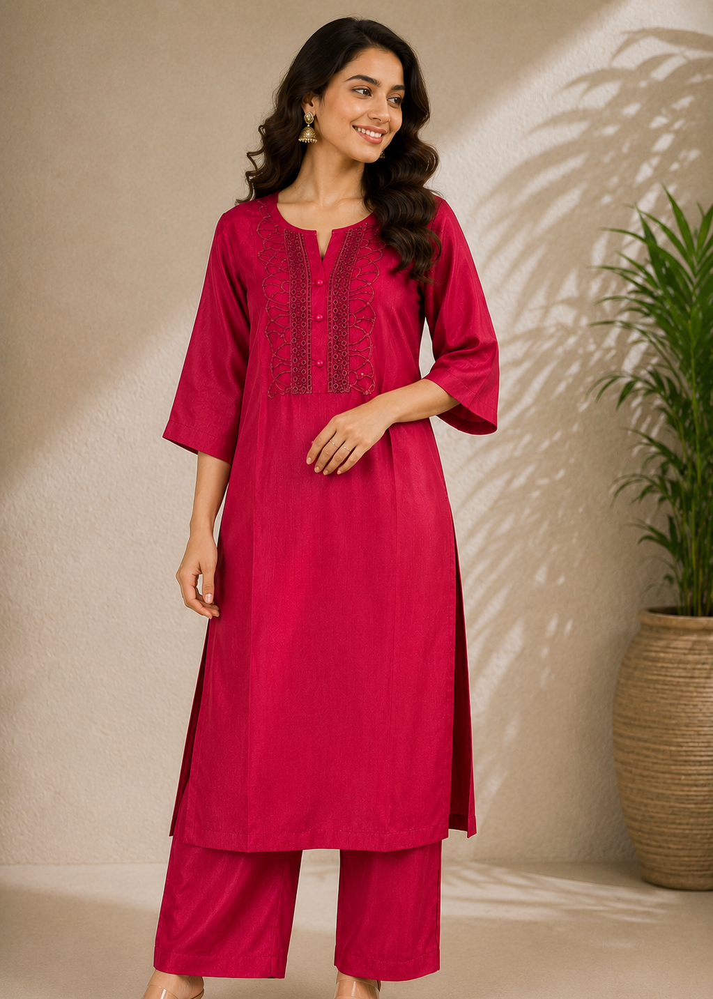 Magenta Embroidered Straight Kurta Pant Set for Women