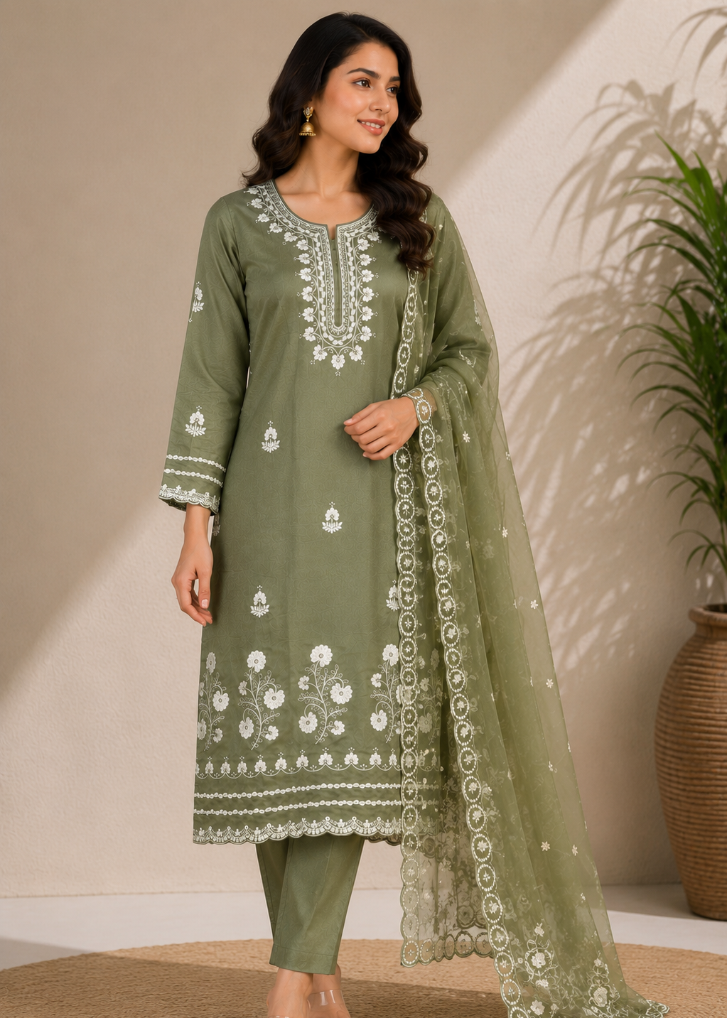 Olive Green Embroidered Kurta Pant Set with Organza Dupatta
