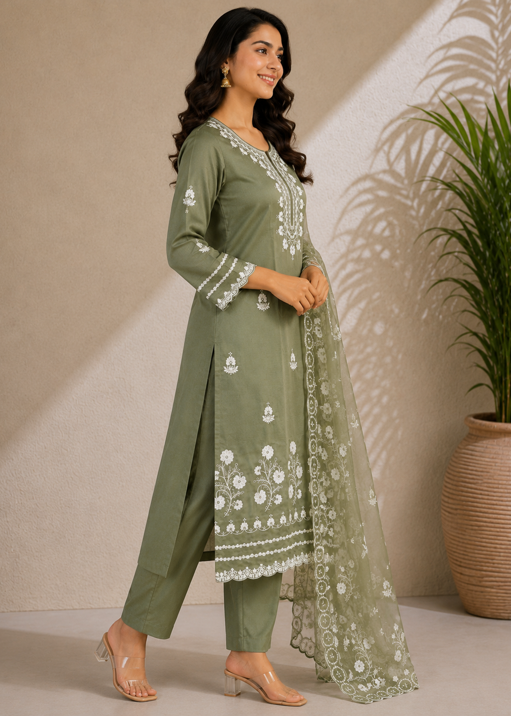 Olive Green Embroidered Kurta Pant Set with Organza Dupatta