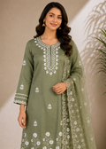 Olive Green Embroidered Kurta Pant Set with Organza Dupatta