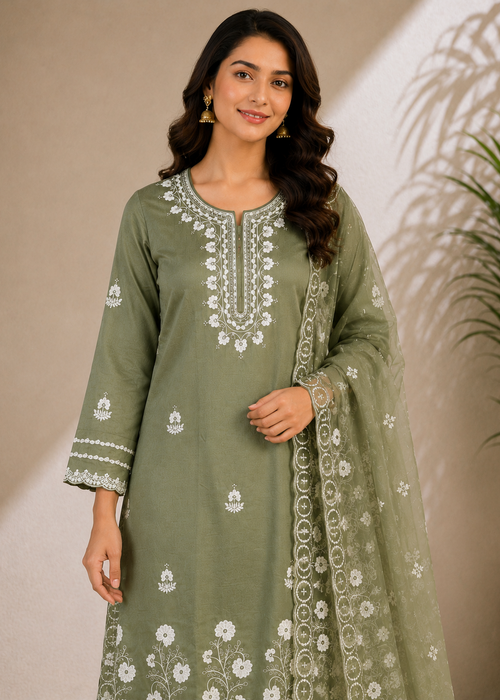 Olive Green Embroidered Kurta Pant Set with Organza Dupatta