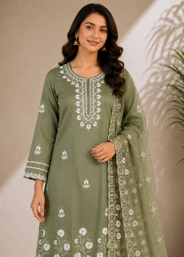 Olive Green Embroidered Kurta Pant Set with Organza Dupatta