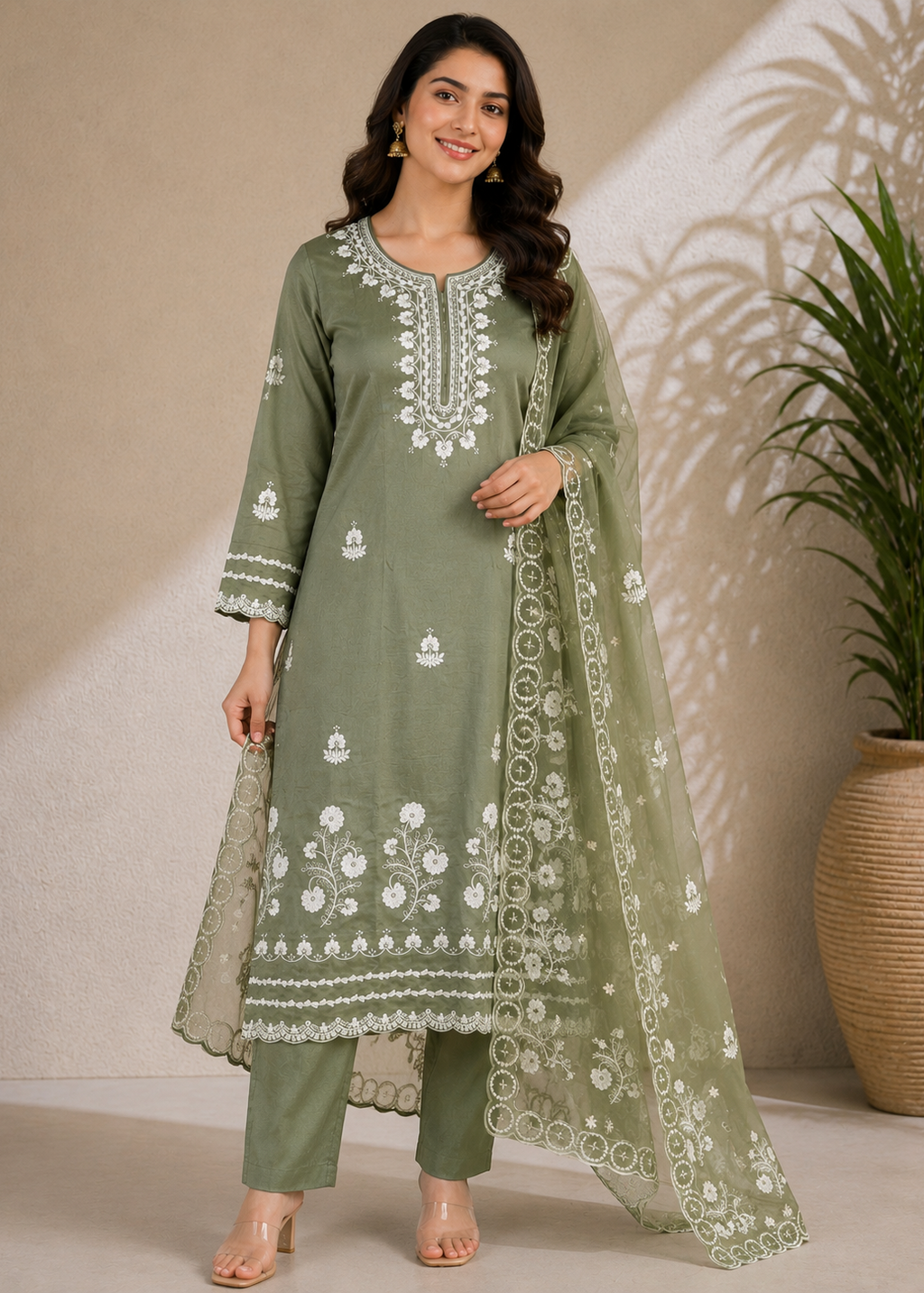 Olive Green Embroidered Kurta Pant Set with Organza Dupatta
