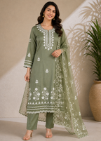 Olive Green Embroidered Kurta Pant Set with Organza Dupatta