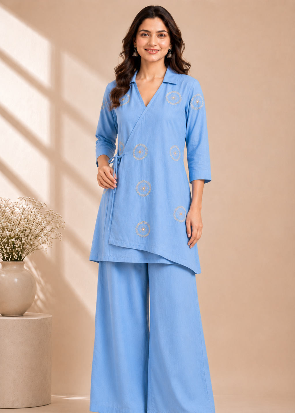 Sky Blue Embroidered Chinon Chiffon Co-Ord Set with Palazzo Pants