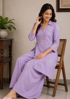 Lavender Chinon Chiffon Embroidered Wrap Co-Ord Set with Palazzo