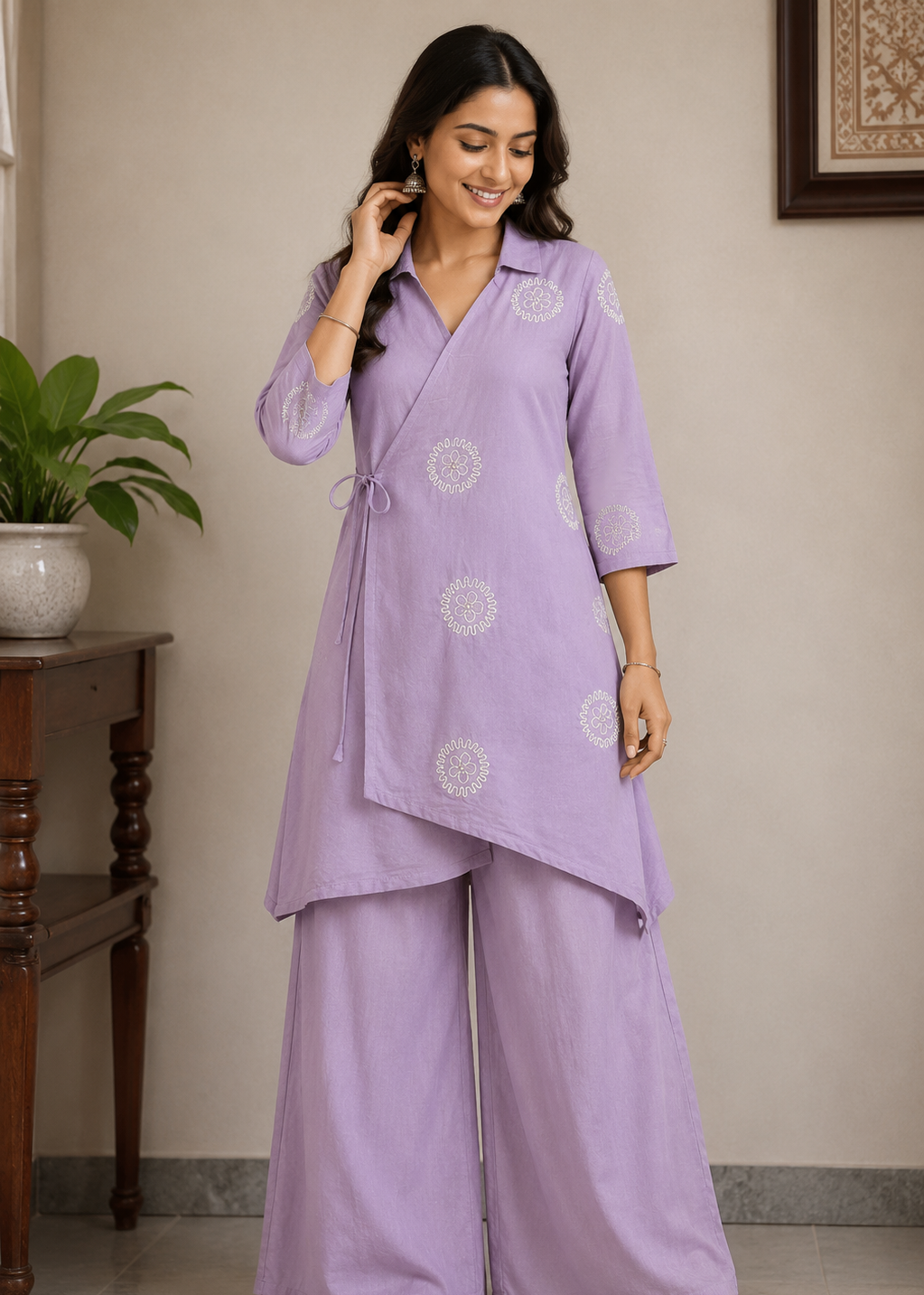 Lavender Chinon Chiffon Embroidered Wrap Co-Ord Set with Palazzo