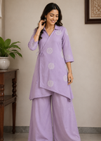 Lavender Chinon Chiffon Embroidered Wrap Co-Ord Set with Palazzo