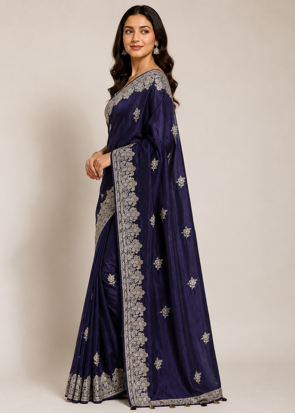 Royal Navy Satin Georgette Saree with Allover Embroidered Weaving Jari Butta & Floral Border