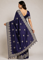 Royal Navy Satin Georgette Saree with Allover Embroidered Weaving Jari Butta & Floral Border