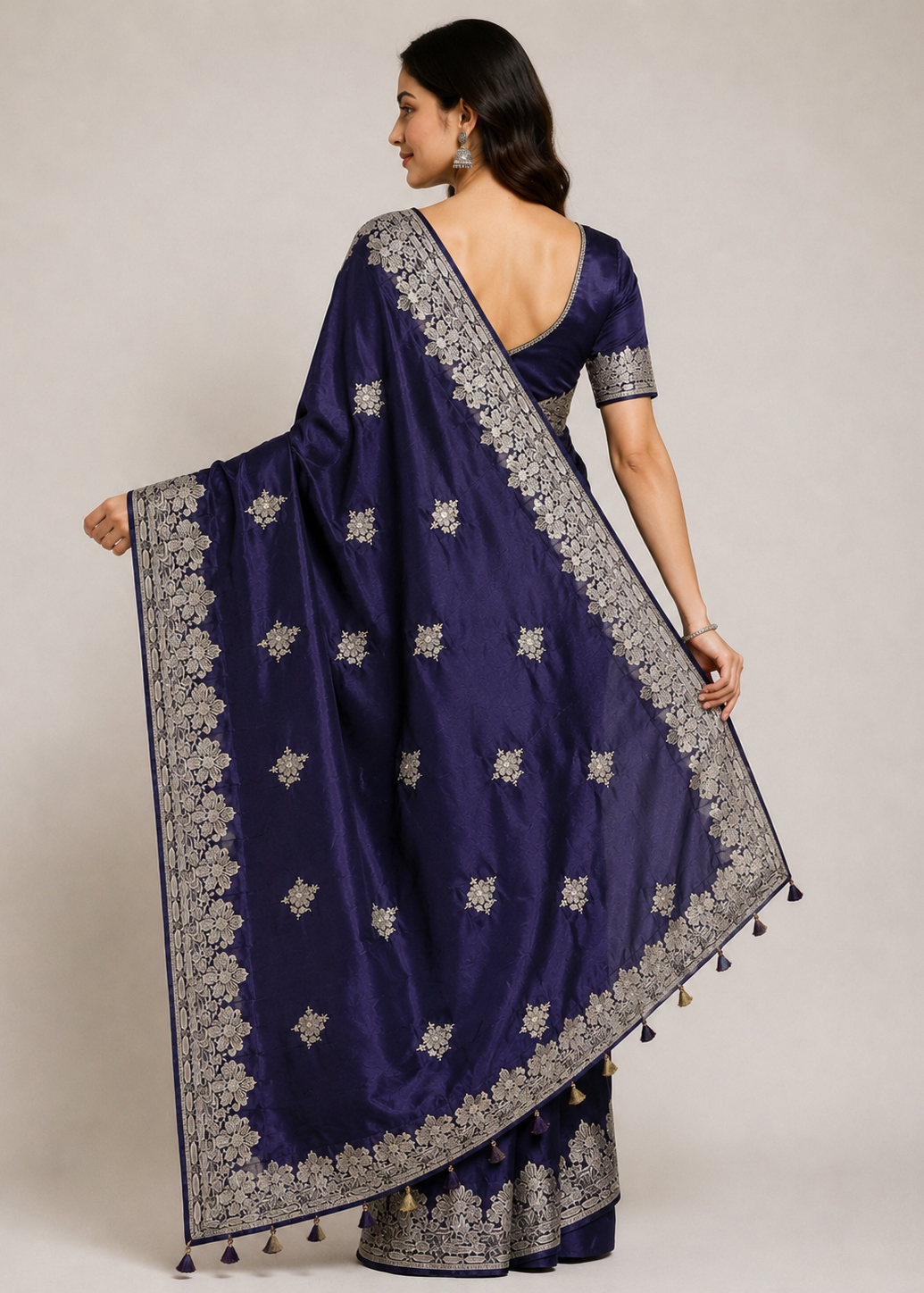 Royal Navy Satin Georgette Saree with Allover Embroidered Weaving Jari Butta & Floral Border