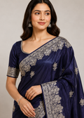 Royal Navy Satin Georgette Saree with Allover Embroidered Weaving Jari Butta & Floral Border