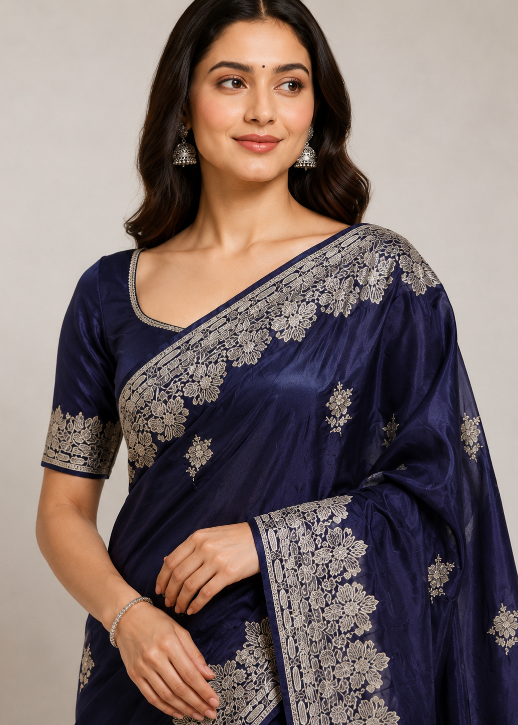 Royal Navy Satin Georgette Saree with Allover Embroidered Weaving Jari Butta & Floral Border