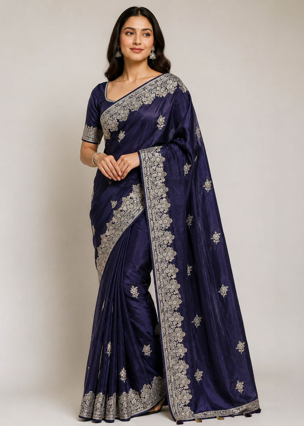 Royal Navy Satin Georgette Saree with Allover Embroidered Weaving Jari Butta & Floral Border