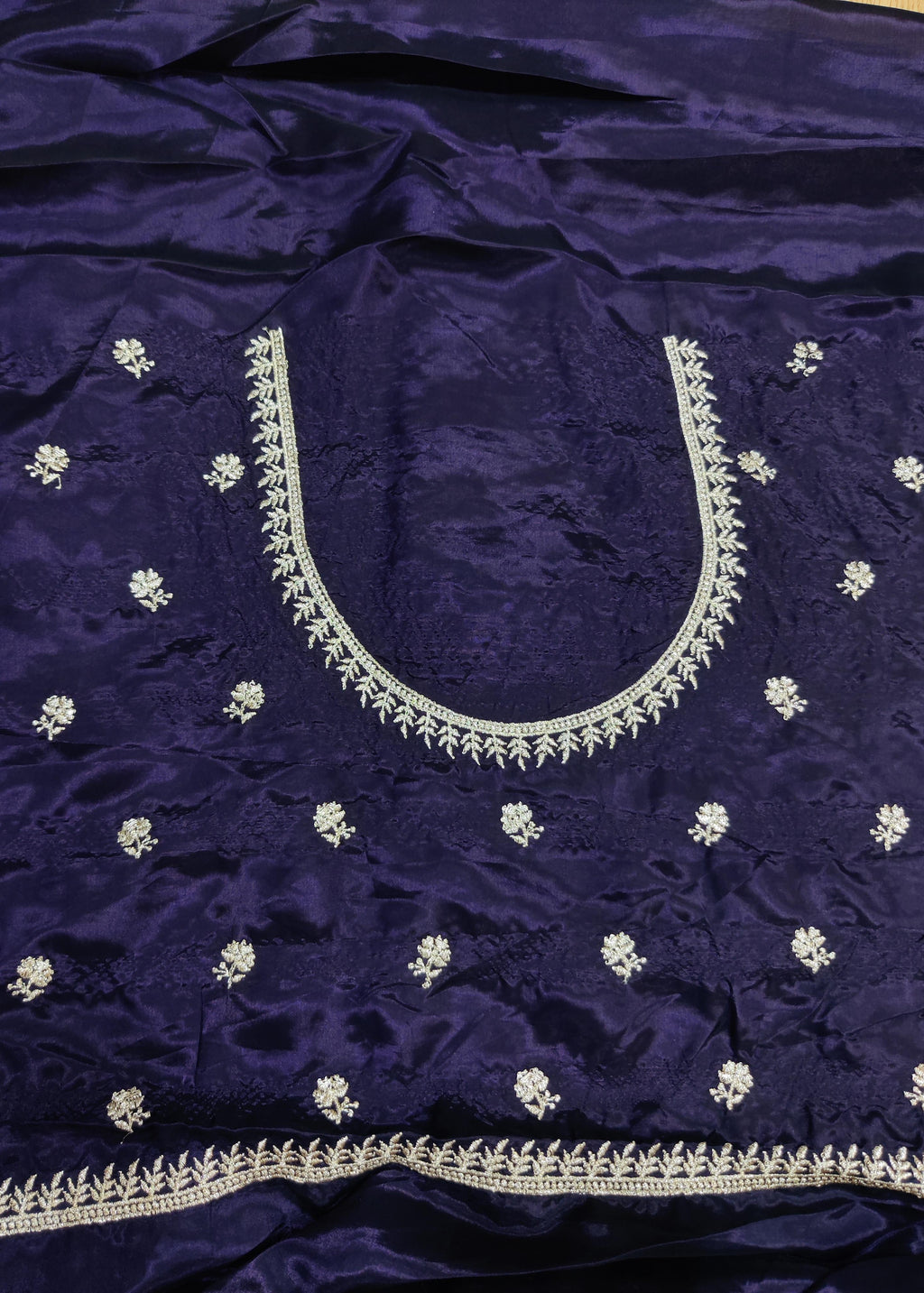 Royal Navy Satin Georgette Saree with Allover Embroidered Weaving Jari Butta & Floral Border
